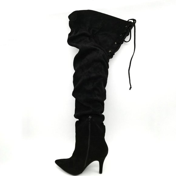 Nadia x FTF Womens Ophelia 17 Thigh High Boot Black Back Laces Zip High Heel 8W - Picture 2 of 10